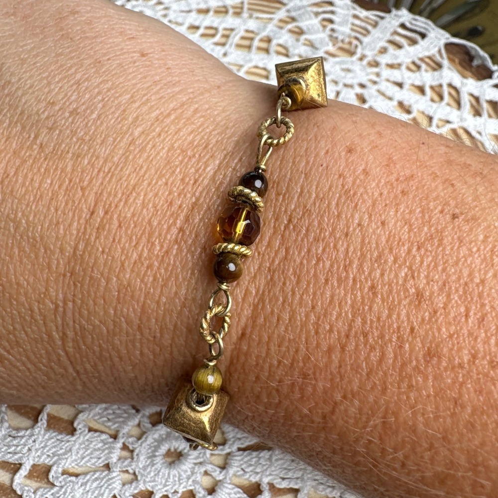 Vintage Unsigned 7" Gold Bracelet Boho Earthy Tigers Eye 925 Vermeil Findings